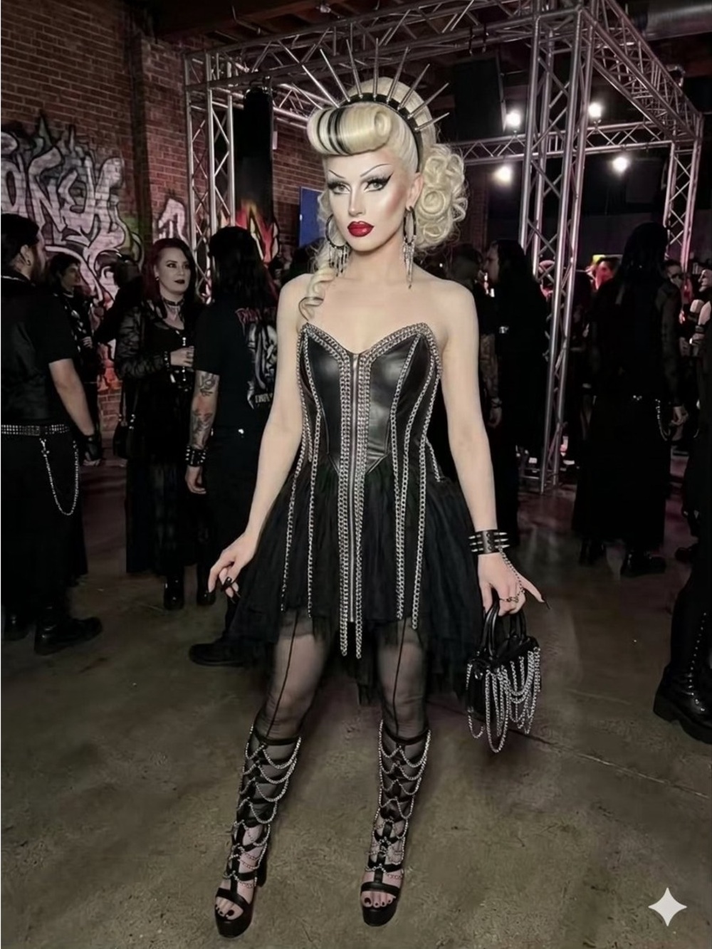 Black Leather Silver Chains Gothic Chain-Trim Corset Dress
